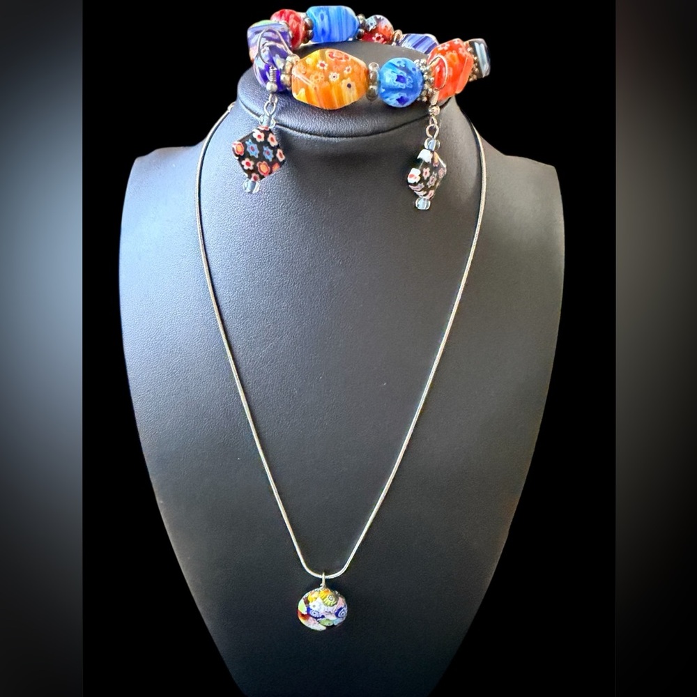 Handmade Multicolor Millefiori  Glass Bead Necklace and Bracelet Set